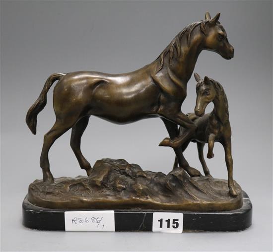 A bronze figure of mare and foal on marble base H.22.5cm
